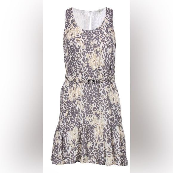 Joie - Grey & Beige Leopard Print Silk Shift Dress W/ Belt - Picture 2 of 10